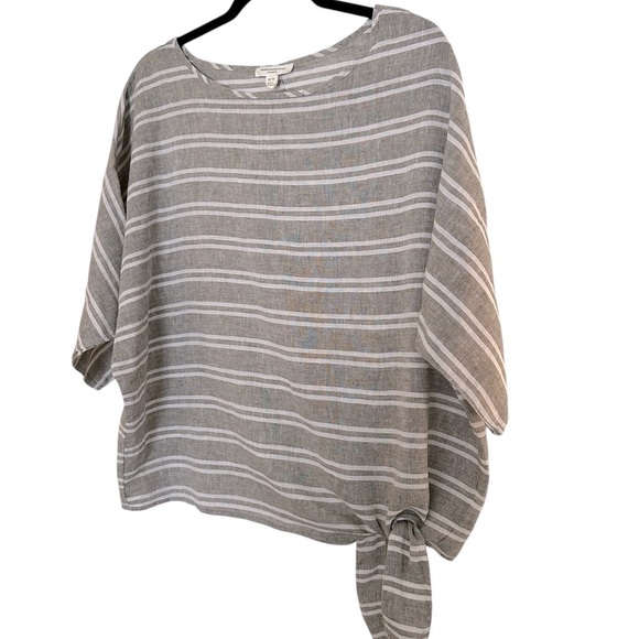 Beach Lunch Lounge linen blend boxy striped top with side tie grey white Medium - Picture 5 of 10
